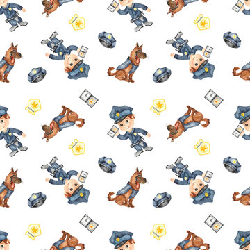 Watercolor seamless pattern with police officer, dog, badge, police cap on a white background.