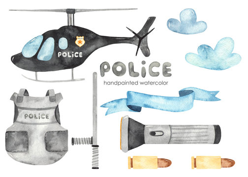 Watercolor set with a police helicopter, body armor, flashlight, clouds, bullets, ribbon, baton