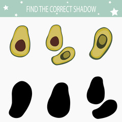 Find the correct shadows. Design template for game design. Game with vegetable  for kindergarten. Sheet template. Puzzle page. Preschool worksheet. Kids education. Avocado silhouette.