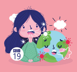 virus covid 19 pandemic, girl and world sick cartoon