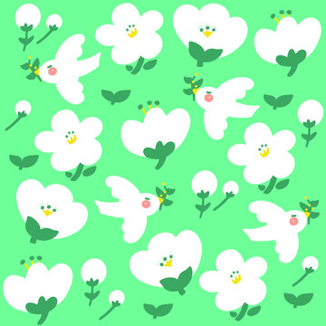 Free Colorful Bird and Flower Bud Illustration Pattern Background