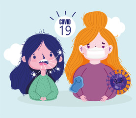virus covid 19 pandemic, girls wearing mask and coughing sick cartoon