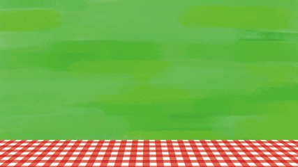 ピクニックの背景、芝生と赤いチェックのテーブルクロス
