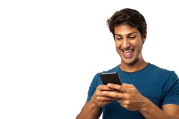Young cuacasian man smile and use phone isolated on white or isolated background,Smiling man doing a phone call.