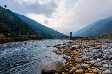 Dirang river valley with surrounding mountains in Arunachal, India
