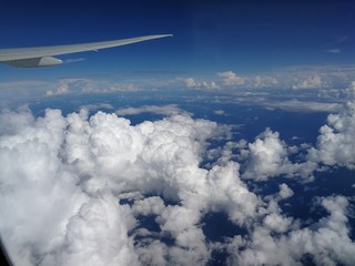 Fototapeta premium Dreamy Blue Sky Foamy Clouds Cotton Candy Wind Beneath My Wings Flying High Freedom
