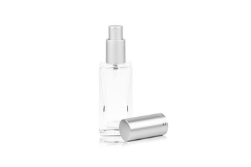 A mock up of empty container spray glass bottle is isolated on white color of background with clipping path.