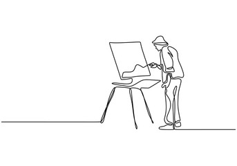 One line drawing of painter artist. A man standing painting an artwork on canvas. Continuous han drawn minimalism. - obrazy, fototapety, plakaty