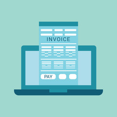 Online digital invoice laptop or notebook with bills, flat design