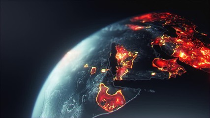 a representation of how the pandemic virus is spreading across the land, it is covering the globe with a burning effect, Europe, middle east, Africa, Asia. - Powered by Adobe