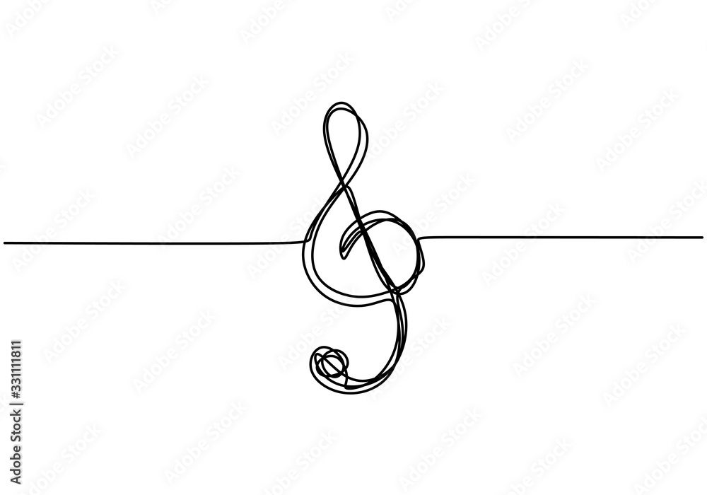 Poster treble clef is drawn by a single black one line, isolated on a white background. one-line drawing. c