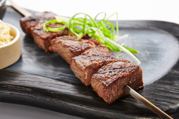 Marbled beef skewer closeup view