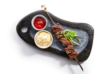 Marbled beef skewer top view