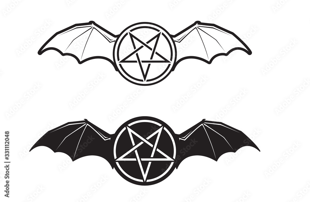 Wall mural pentagram with demon bat wings black and white vector graphic icon with inverse version