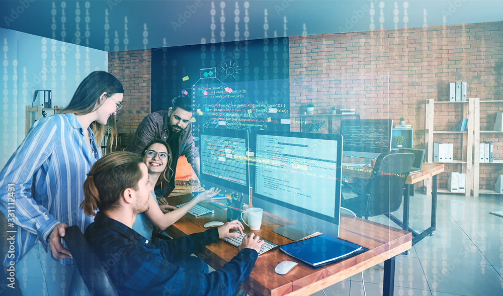 Poster team of programmers working in office