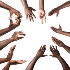 Gesturing hands of African-American men on white background