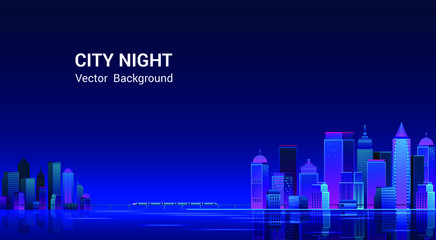 Fototapeta premium Night city panorama.Cityscape on a dark background with bright and glowing neon purple and blue lights. Wide highway side view. Cyberpunk and retro wave style Vector illustration.