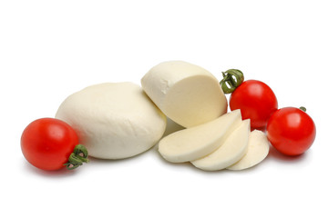 Mozzarella cheese with tomatoes on white background