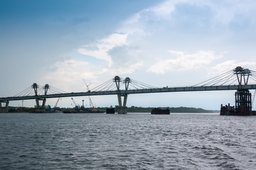 Russia, Blagoveshchensk, July 2019: Bridge on the Amur river from Blagoveshchensk to the Chinese city of Heihe in summer