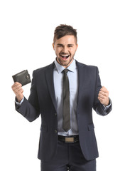Happy businessman with purse on white background