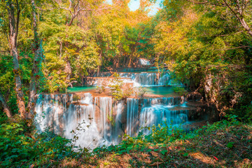 Landscape of Huai Mae Kamin waterfall Srinakarin Is a waterfall in the deep forest in autumn atmosphere at Kanchanaburi, Thailand.