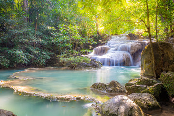 Landscape of Erawan waterfall in national park Is a waterfall in the deep forest with antimony fish at Kanchanaburi, Thailand.