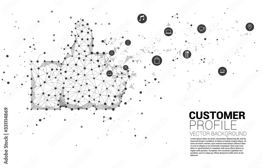 Poster thumb up icon from dot connect line polygon network. concept of customer satisfaction , client rating and ranking.