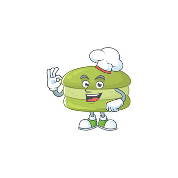 A picture of coconut macarons cartoon character wearing white chef hat
