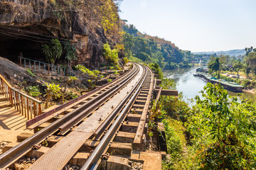 Landscape of Bridge River Kwai at Kanchanaburi, Thailand in morning time. Is a famous place and a...