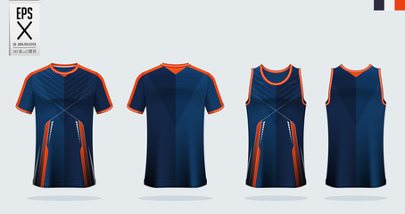 T-shirt mockup, sport shirt template design for soccer jersey, football kit. Tank top for basketball jersey and running singlet. Sport uniform in front view and back view.  Mock up Vector Illustration