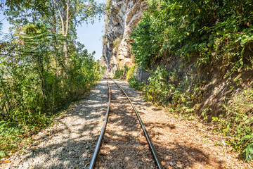 The Death Railway crossing kwai river in Kanchanaburi Thailand. Important landmark and destination to visiting and world war II history builted