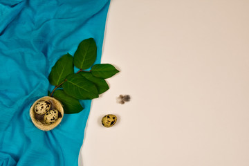 Quail eggs in a nest on green leaves on a blue cloth and a white wooden background. Easter concept....