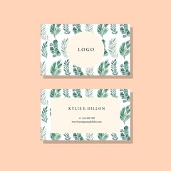 Eucalypus Jade Pattern White Background Vector Watercolor Bussiness Card Template Set