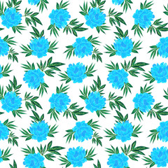 Ditsy print on a white background, seamless floral pattern with blue small flowers and leaves.