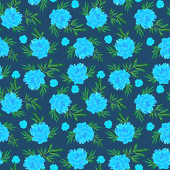 Obraz premium small watercolor flowers on royal blue background, seamless floral print in vintage style.
