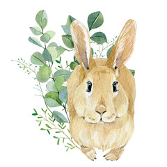 Watercolor bunny in floral bouquet for kids. Hand drawn childish clipart animal forest, silver...