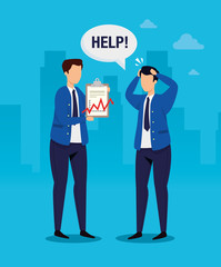 stock market crash with businessmen worried vector illustration design