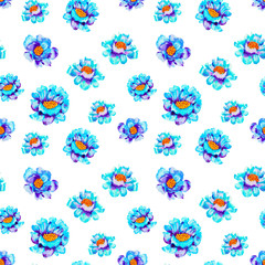Blue small flowers print, seamless watercolor floral pattern on a white background.