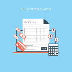 Online digital invoice laptop or notebook with bills,calculator and credit card, flat design