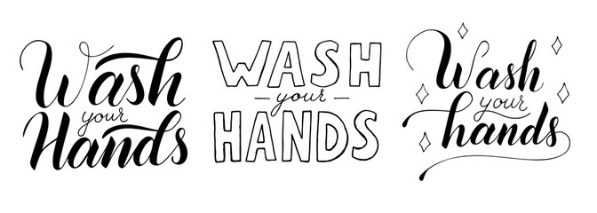 Wash your hands vector lettering text isolated on white background. Poster about hygiene. Restroom or bathroom print, toilet quote. Safety measure against viruses and bacteria. Hand drawn illustration