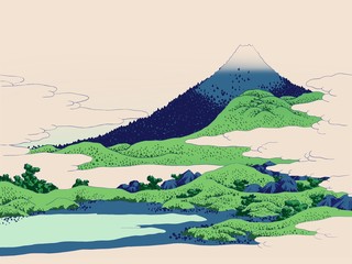 Illustration of Fuji mountain behind the natural giant hill on clear sky - obrazy, fototapety, plakaty