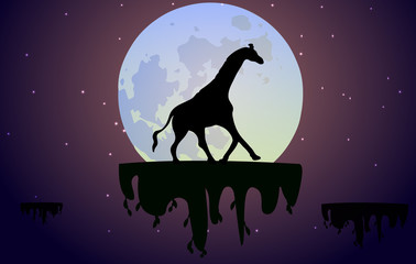 Vector illustration on soaring islands in the night sky with stars. Giraffe on the background of the big moon.