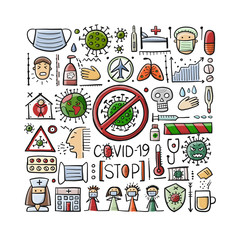Coronavirus symptoms, Preventions and treatment. Infection, Sickness, Healthy. Set of design icons