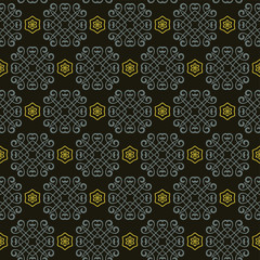 Dark Geometric Pattern | Modern Background Vector In Asian Style | Colors: Black, Gold, Silver | Seamless Wallpaper For Interior Design