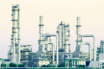 Oil gas refinery plant. May called petroleum, production or petrochemical plant. Industrial factory construction from engineering technology with steel pipe, pipeline, tank. Business for power energy.