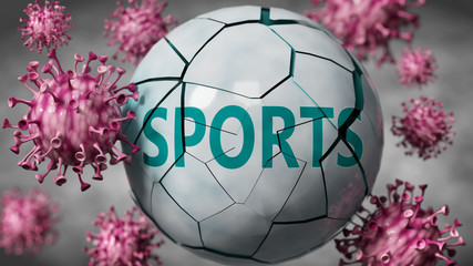 Sports and Covid-19 virus, symbolized by viruses destroying word Sports to picture that coronavirus outbreak destroys Sports, blurred background, 3d illustration