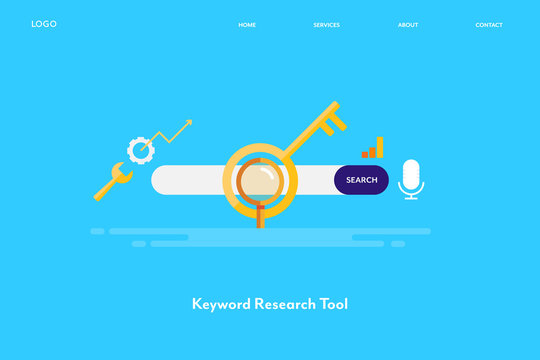 Keyword Research Tool, Seo Keyword Analysis, Website Keyword Optimization, Internet Technology Concept. Flat Design Web Banner, Landing Page Template With Blue Background.