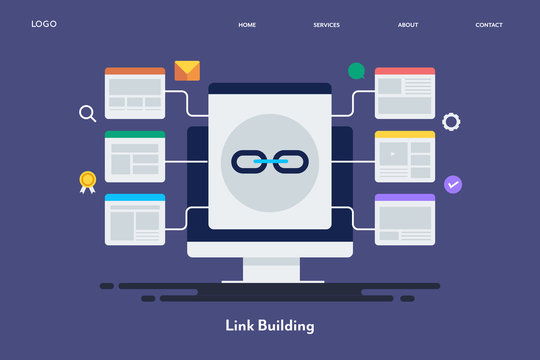 Link building, seo, digital marketing, content, internet and technology concept. Flat design web banner template for blog, social media, presentation.