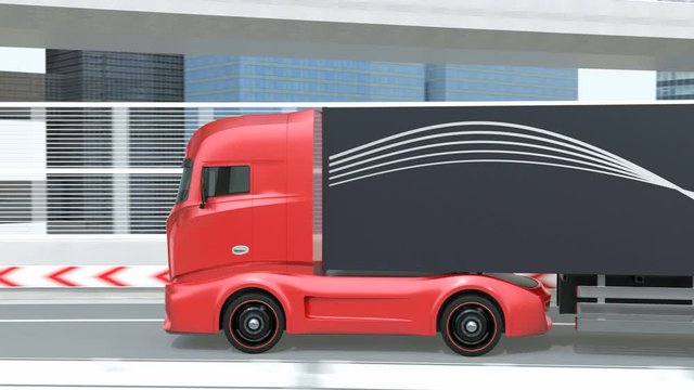 Generic design red Heavy Electric Truck driving on the highway. Sustainable logistics concept. 3D rendering animation.