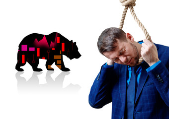 Businessman with rope on neck near bear with red graph.
